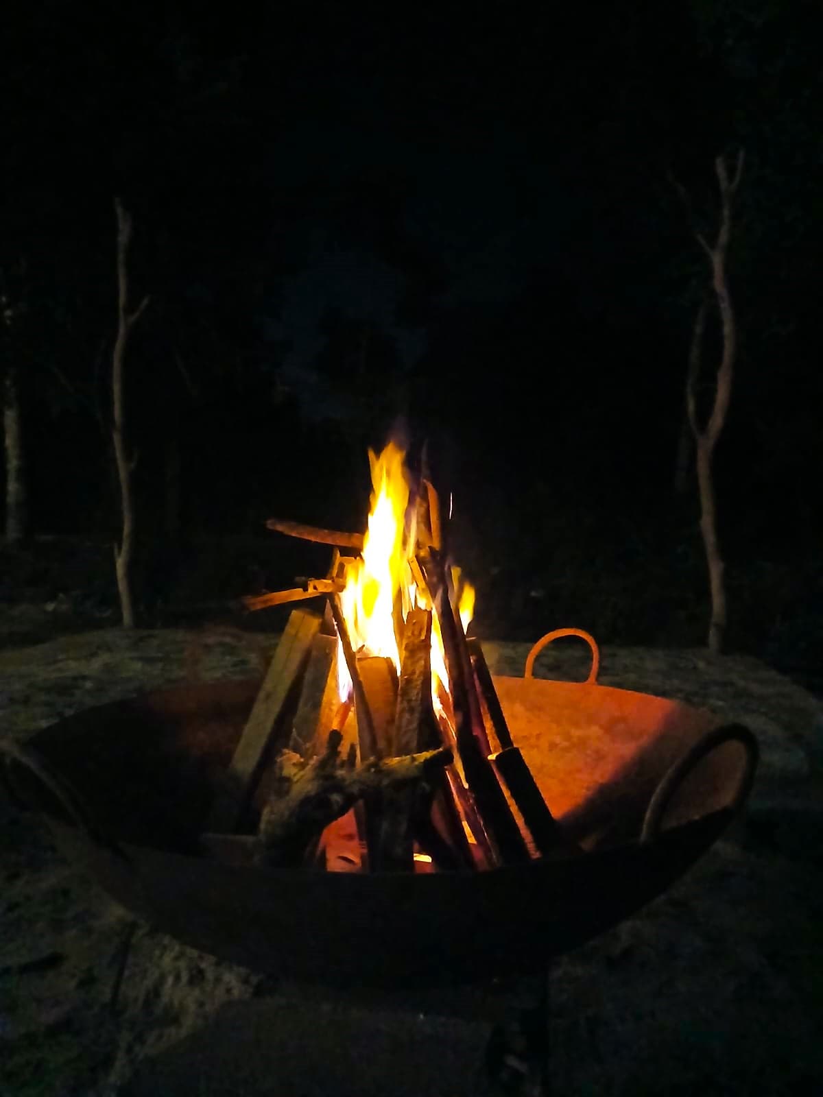A fire burning in a steel bowl after dark